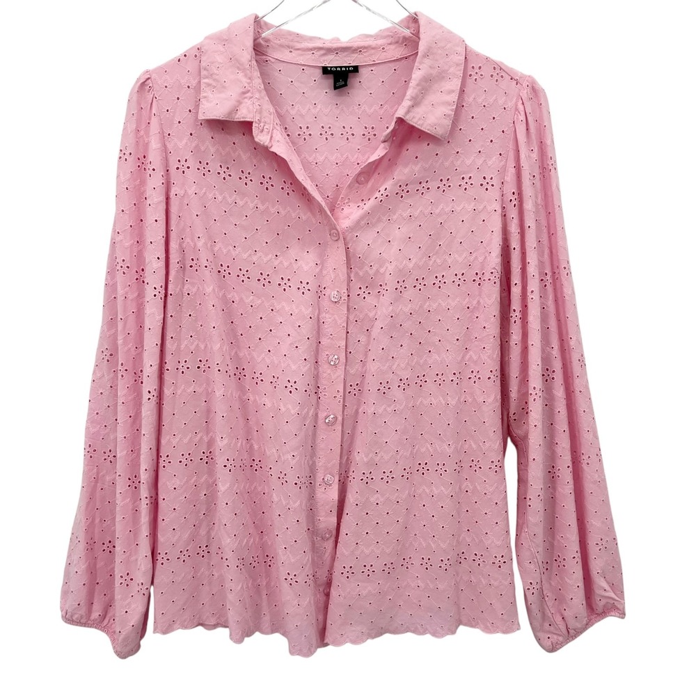 Torrid Eyelet‎ Button Up Long Sleeve Shirt Size 1X Pink Blouse Cottage Coquette